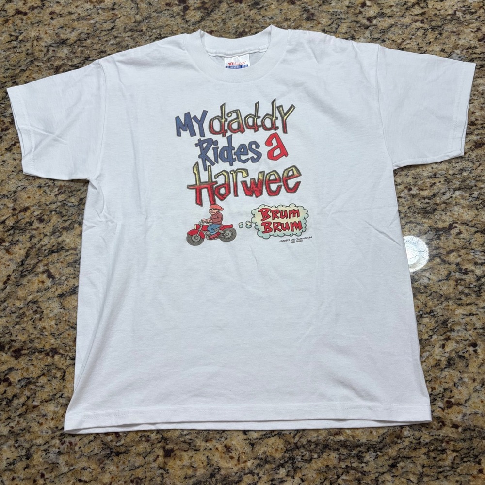 Vintage Hanes Heavyweight My Daddy Rides A Harwee Youth L White T-Shirt 2000 ws
